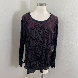 NEW Simply Vera Vera Wang Womens XL Plum Burnout Velvet Long Sleeve Top‎ Sheer